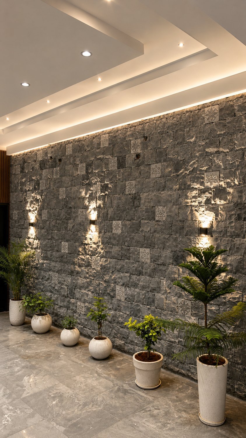 Textured stone cladding wall with carved motif tiles and uplighting