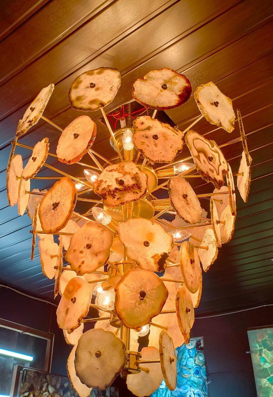 Agate slice chandelier with brass frame