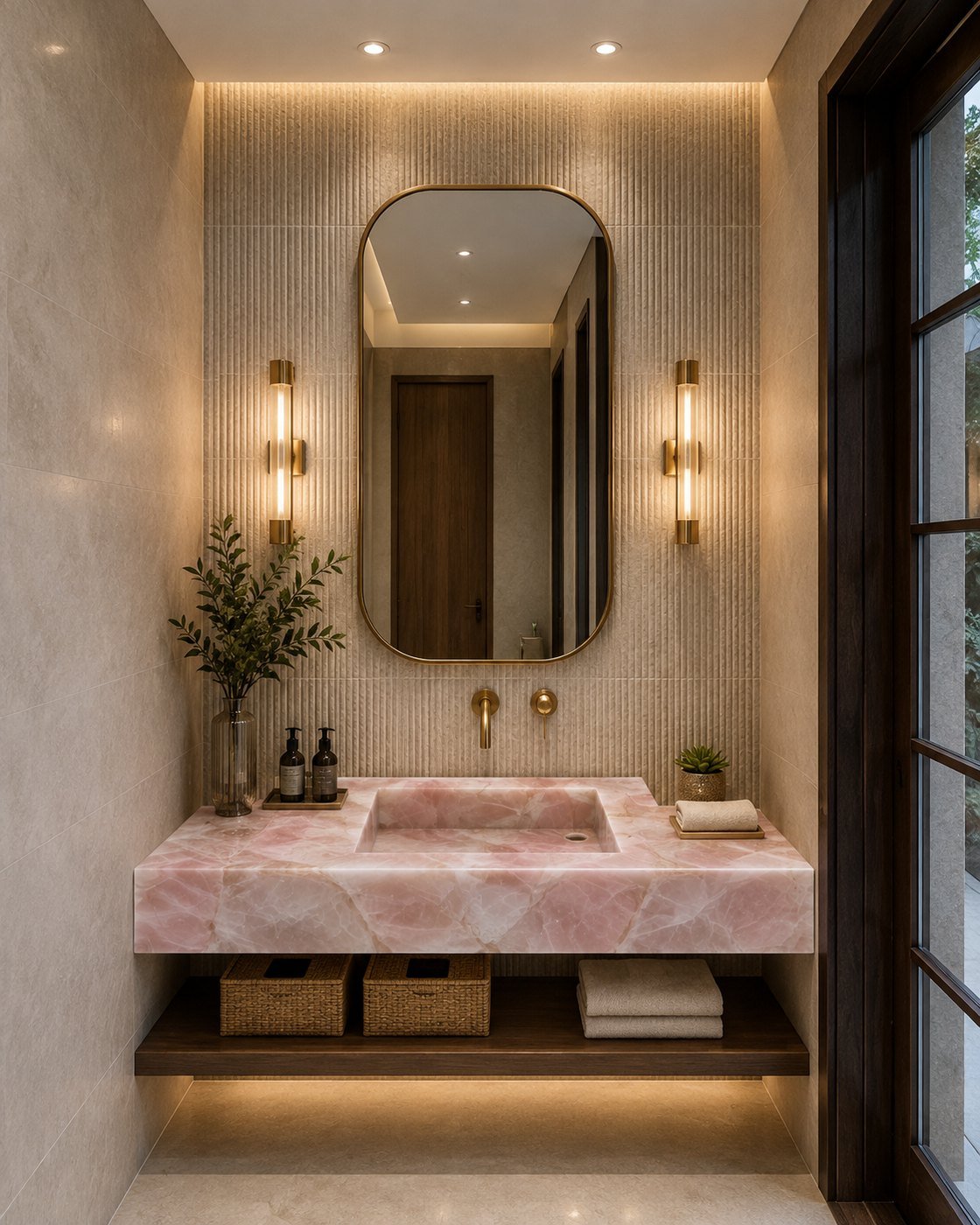 Rose quartz vanity countertop and basin